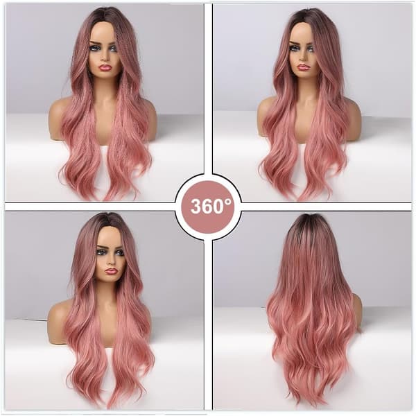 Syntetisk parykk gradient rosa langt bølget hår