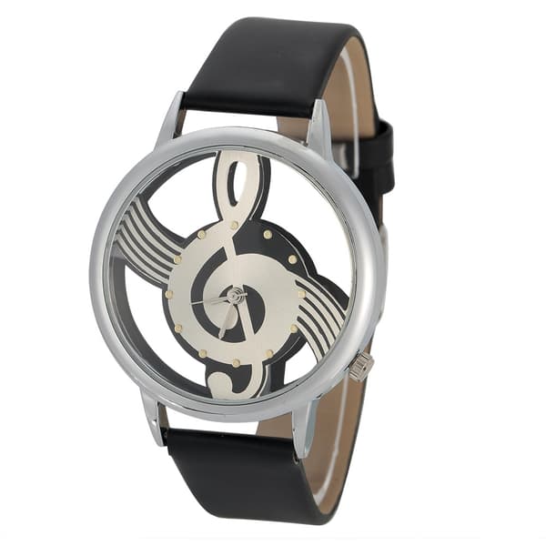 Quartz Analog Parur Round Hul Musikalsk Note Urskive PU Rem Sort