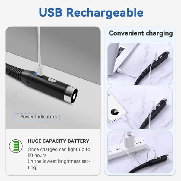 Halsleselys - Oppladbart leselys med 3 justerbare lysstyrker - 360° sammenleggbart - USB LED-leselys for reise - strikking - camping