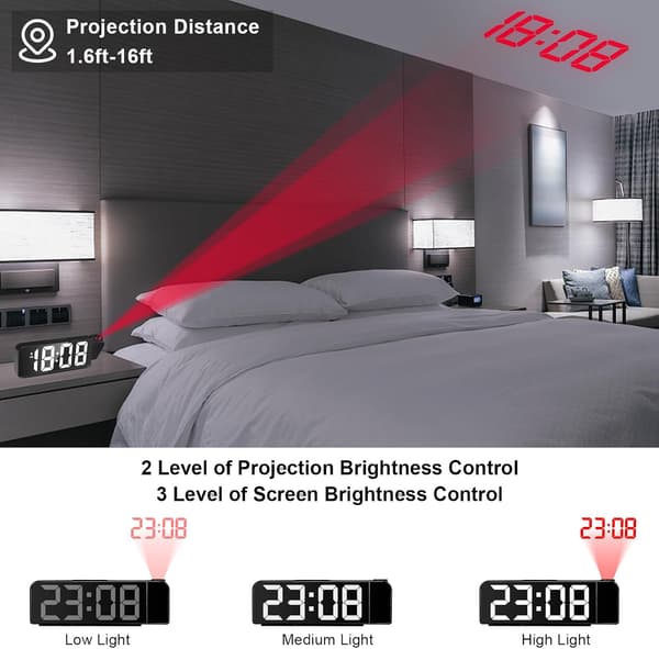 Projection Alarm Clock, Black Alarm Clock with LED Display, Bedside Projector Clock, 12/24H Display, Digital Clock for Bedroom