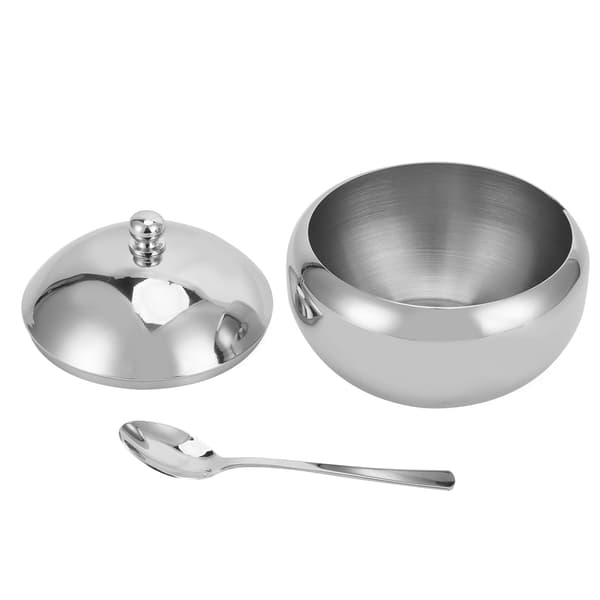 Krydderikasse i rustfrit stål med låg og ske til sukker og salt