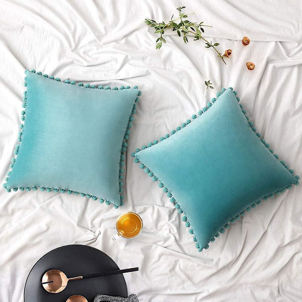 Paket med 2 Sammets-kuddfodral Pompom Dekorativa örngott Solida mjuka kuddfodral Med Poms Fyrkantig För Soffa Soffa Sovrum Bil 18x18tum Da 22 x22 Teal Green
