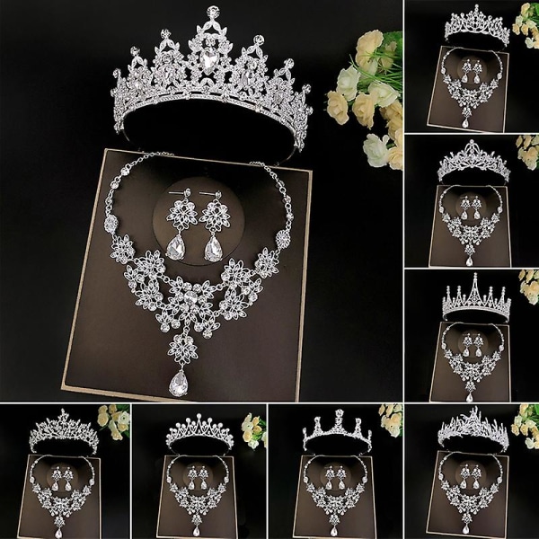 Bridal Tiaras Crown Set With Earrings Kit & Necklace Handmade Luxury Crystal Håraccessoarer För 8