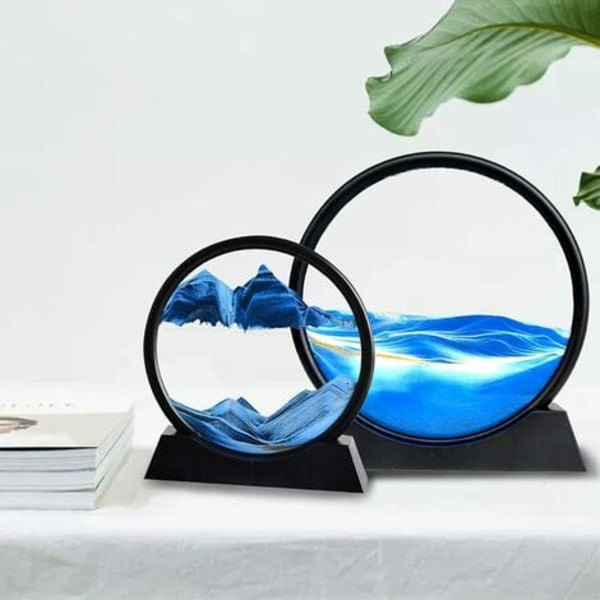 Quicksand Art 3D Round Glas Quicksand Landscape, Office Home Decor, Blue Black, 12 tum