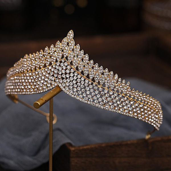 Brudekrone Hodeplagg Luksus Rhinestones Innlagt pannebånd for kvinnelig bryllupsbursdagshår Gold