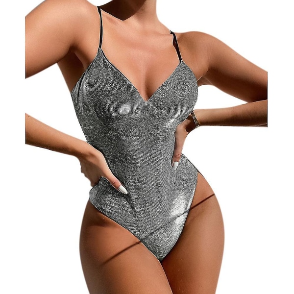 naiset Glitter Shiny Monokini Swimsuit Push Up One Piece Swimwear uimapuku Grey XL