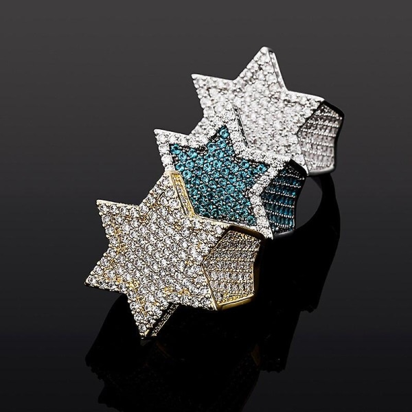 Ny Hexagon Star Franklin Mint Green Herrring Iced Out Cubic Zircon Micro Paved Personality Rings Hip Hop Smycken Presenter Green