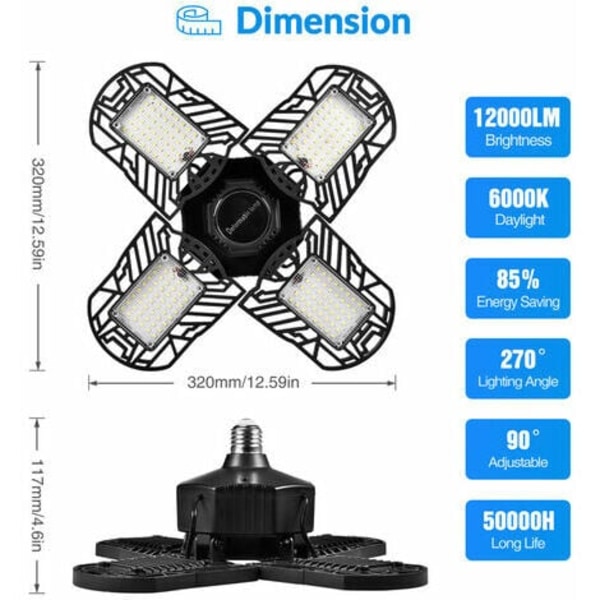 LED-garasjelys, 120W 12000LM E26 deformerbar lampe med 4 justerbare paneler 3200K Hight Bay Light, LED-taklys fo