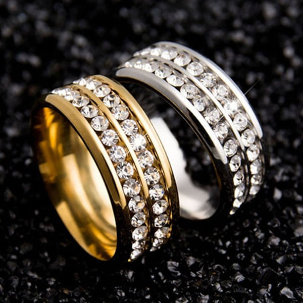 Ring bred bredd Fadeless titan stål dubbla rader strass unisex smycken för bröllopsfest Black US 9