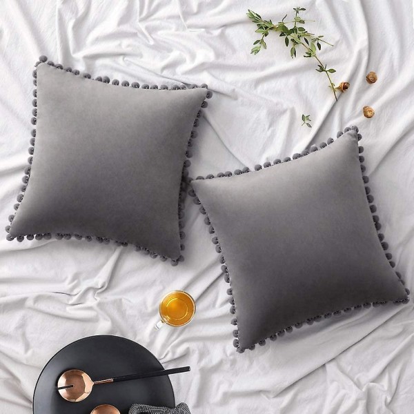 Paket med 2 Sammets-kuddfodral Pompom Dekorativa örngott Solida mjuka kuddfodral Med Poms Fyrkantig För Soffa Soffa Sovrum Bil 18x18tum Da 24 x24 Grey
