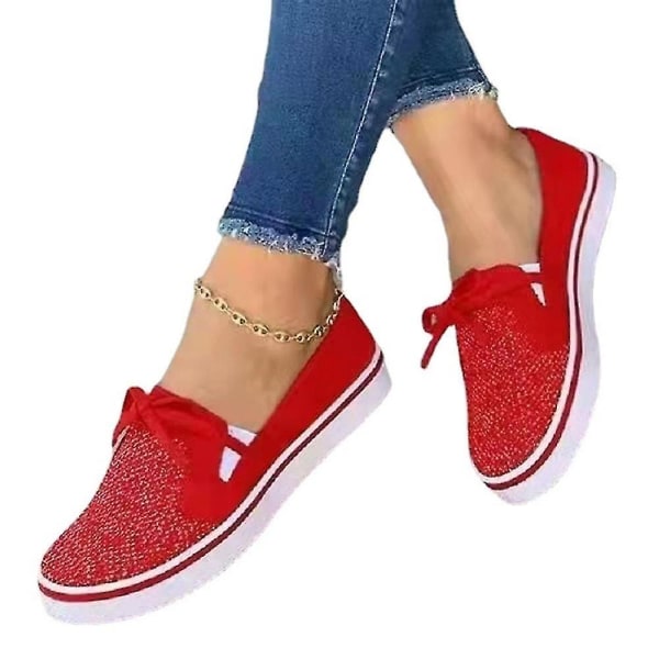 Kvinner Solid Bowknot Rund Toe Slip On Flats Loafer Sko Red 42