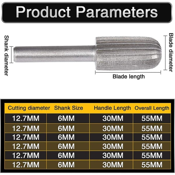 6 pakke 6 mm dobbeltkuttet wolfram roterende grater wolfram skaft Filing/gravering/slipebiter for roterende verktøy