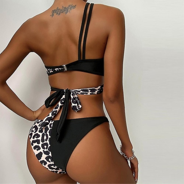 kvinnor Leopard One Shoulder Vadderad Bikini Set Baddräkt Snörning Badkläder Strandkläder M