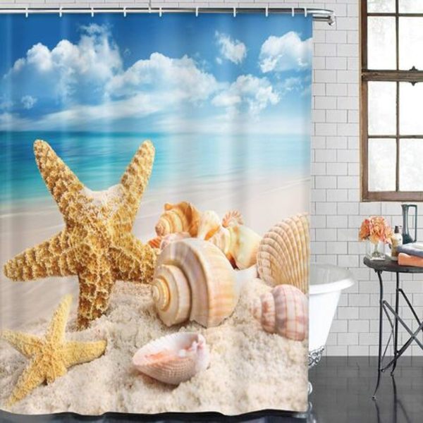 Sett med 4 sjøstjerner Seashells Beach Blue Sky Ocean Ferie dusjgardiner med sklisikre tepper Toalettlokk og badematte flaggermus