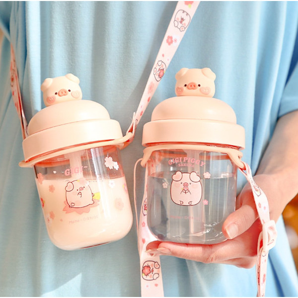 Jiji Pig Straw Cup Roterende Pig Straw Tumbler (Flere Sakura Pig + 330 ml),