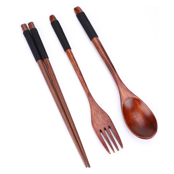 Trä Chopsticks Sked Gaffel Set 3st Svart Tråd