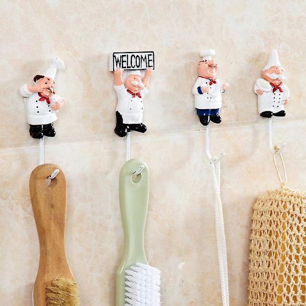 Piao Pack of 4 Harts Fransk Kock Figurine Väggkrokar Dekorativ Cook Väggmonterad Rack Krokhängare (varierad stil)