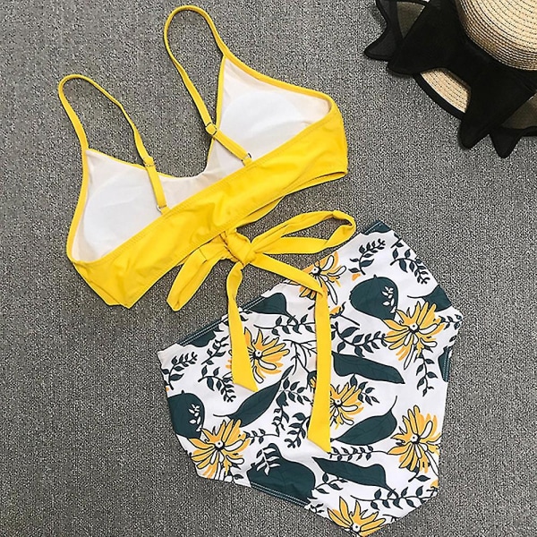 kvinner Floral High Waist Bikini Set Badedrakt Sommer Sexy Badetøy Strandtøy Yellow 2XL