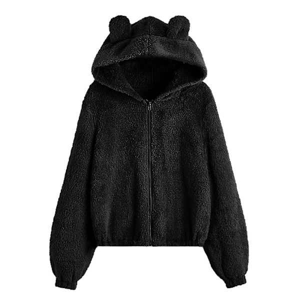Vinterplysch hoodie med dragkedja för damer med söta björnhörselkåpor Solid Pink XL