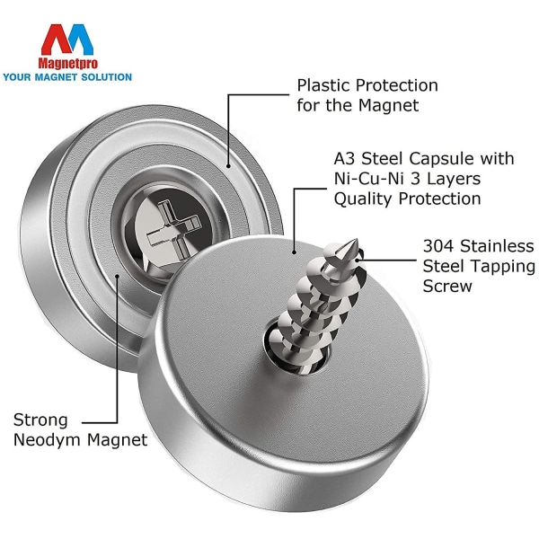 6 stk neodymmagneter 10 kg styrke 20 x 7 mm med hul og kapsel, forsænket grydemagnet med skruer og 6 stålpuder