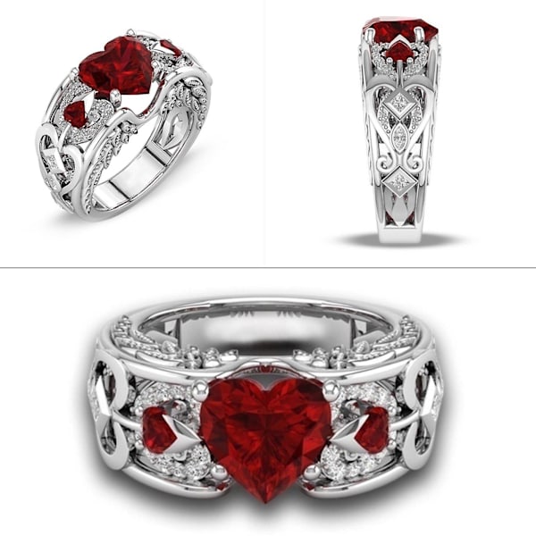 Kvinnor Ring Hollow Out Heart Smycken Galvanisering Mode Utseende Fingerring för bröllop Red US 7