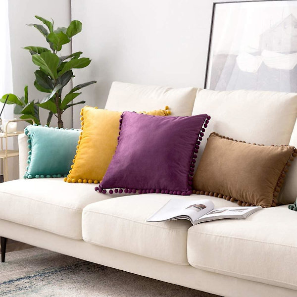 Paket med 2 Sammets-kuddfodral Pompom Dekorativa örngott Solida mjuka kuddfodral Med Poms Fyrkantig För Soffa Soffa Sovrum Bil 18x18tum Da 24 x24 Gold