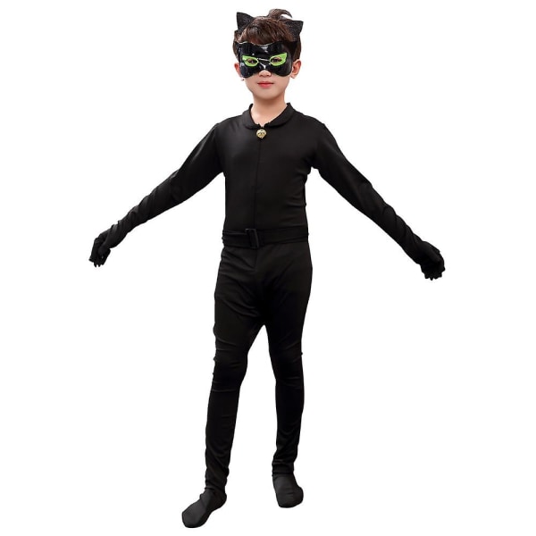 Semesterdräkt för barn Halloween svart katt med svansperuk 150 160cm