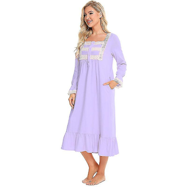 Victoriansk natkjole, langærmet bomulds-søvnskjorte L Light purple