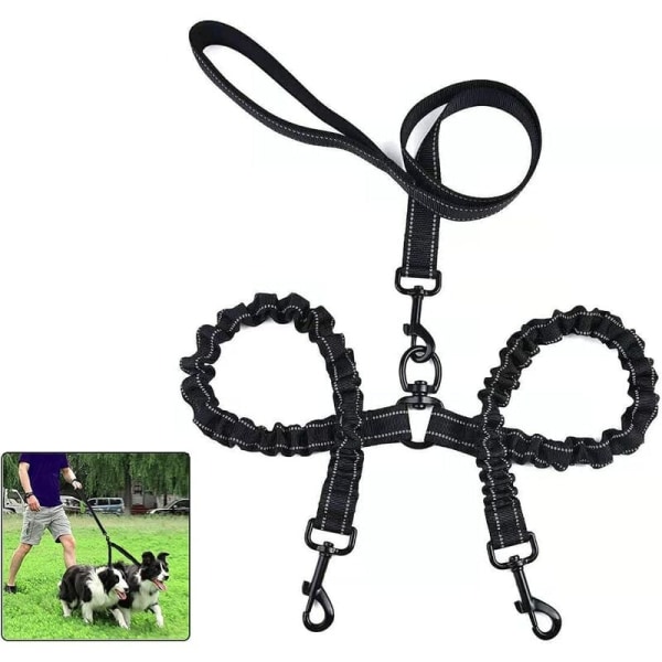 Dobbel hundebånd for 2 hunder, hundebånd, 360° flokefritt dobbelt hundebånd, multifunksjonelt avtakbart bånd, elastisk materiale