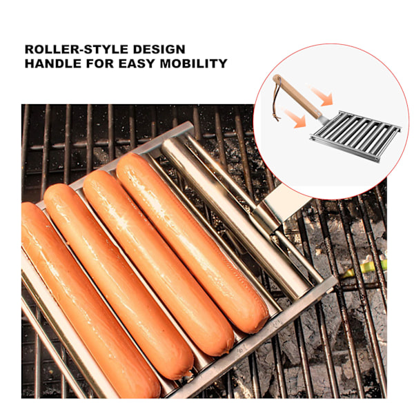 Avtakbar Hot Dog-rulle Steamer i rustfritt stål med langt trehåndtak og 4 spyd for BBQ