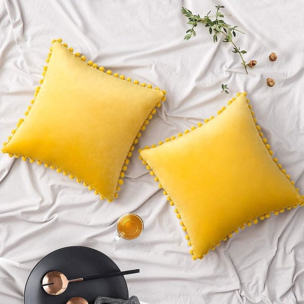 Set med 2 kuddfodral i sammet Dekorativa örngott Pompom Pompom Kuddar Mjuka Och Rejäla Med Fyrkantiga Poms För Soffa Sovrum Soffa 45x45cm 26 x26 Lemon Yellow