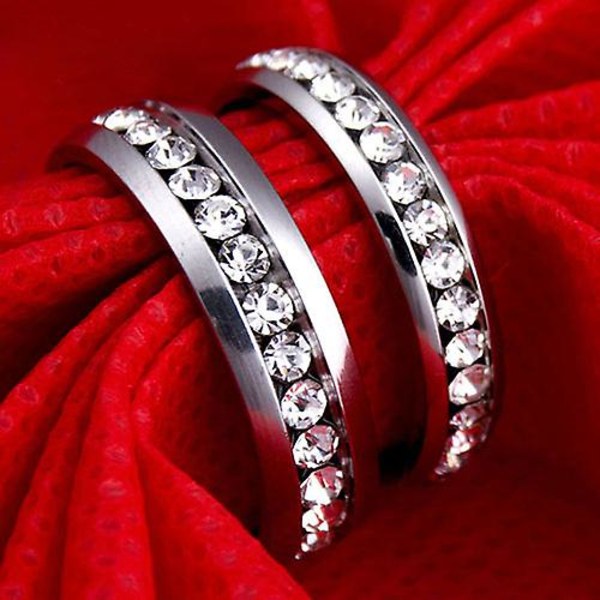 Menn Kvinner Par Lover Rhinestone Titanium Stål Forlovelsesring Bryllupssmykker Silver US 8