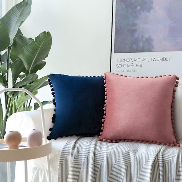 Paket med 2 Sammets-kuddfodral Pompom Dekorativa örngott Solida mjuka kuddfodral Med Poms Fyrkantig För Soffa Soffa Sovrum Bil 18x18tum Da 20 x20 Jam