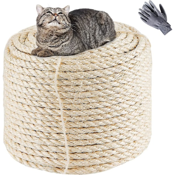 Luonnollinen Sisal-köysi 8mmx60m, luonnonvalkoinen, vanhan köyden korvaaminen kissoille, yhdellä parilla suojakäsineitä kissojen naarmuunpuihin, kissapuihin ja kukkaruukkuihin