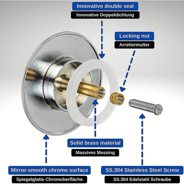 70 mm badplugg, med dubbel tätning, höjdjusterbar, universal badplugg, handfatsklaff, härdad mässing med kromfinish, rostsäkert badkar