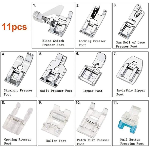 11 stk Symaskin trykkfot, syrør, sytilbehør, sytilbehør, symaskinfotsett, trykkreservedeler til symaskiner