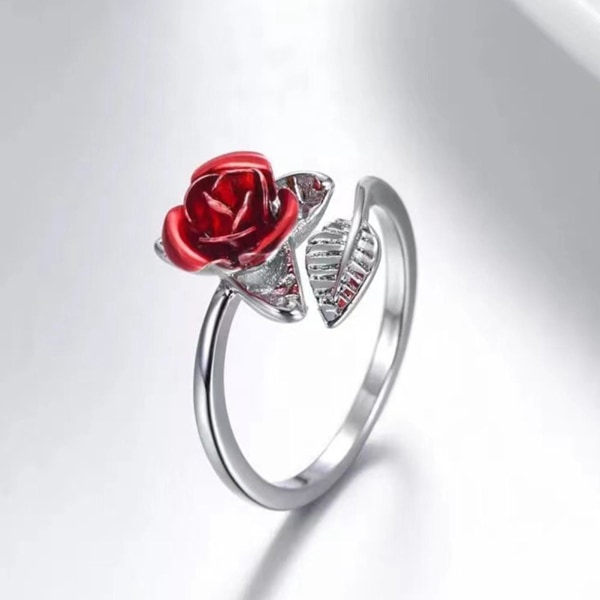 Dame Circlet Red Rose Åpningsblad Justerbar Dame Ring for Valentinsdag Silver