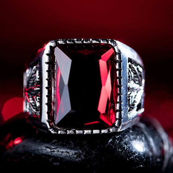 Mænd Square Rhinestone Udskåret Maple Leaf Band Titanium stål Ring smykker gave Black US 7 Red..