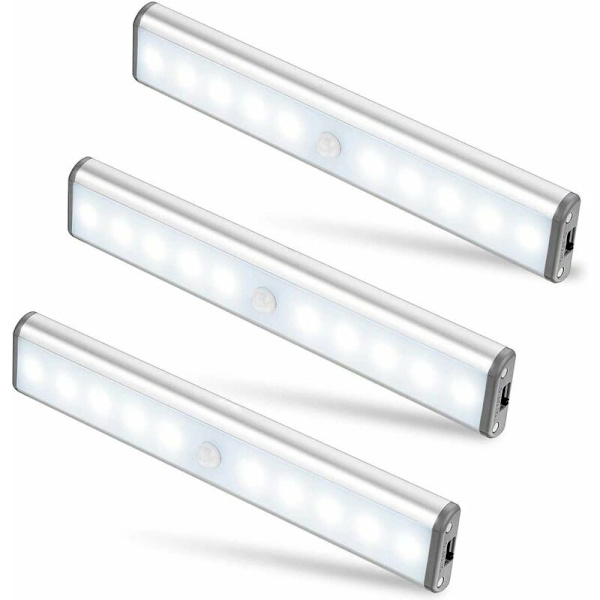 Tre 10 LED skaplys, trådløs, USB oppladbar, magnetisk, bevegelsessensor, 2 lysmoduser, bærbar. Skaplys, nødlys, nattlys