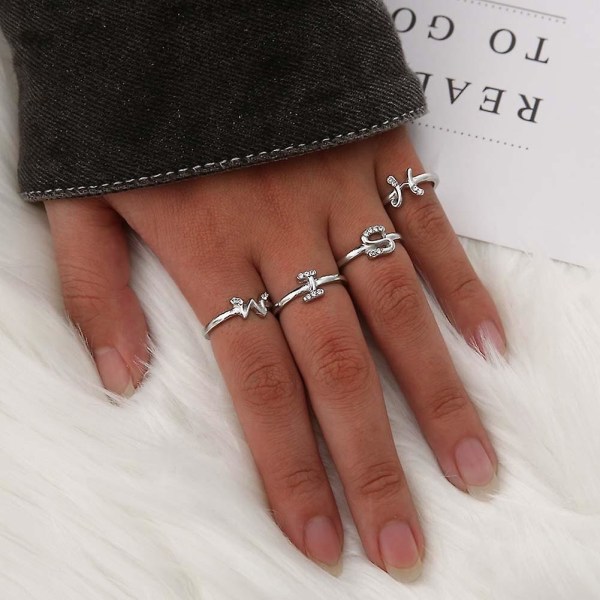 Mode enkel 26 bokstäver strass inlagd öppning finger ring dam smycken gåva Silver X