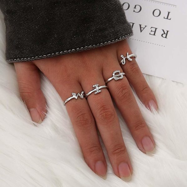 Mode Simple 26 Letter Rhinestone indlagt åbning Finger Ring Lady smykker gave Silver X