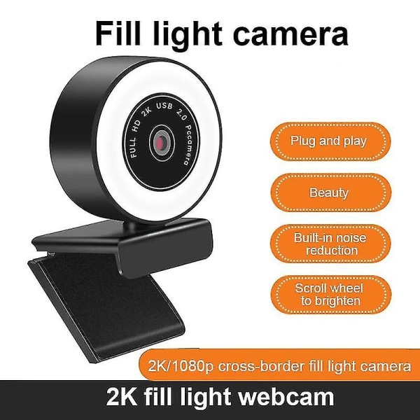 1080p /2k Hd Usb 2.0 autofokus webcam med mikrofon og led ringlys til stationær/bærbar computer