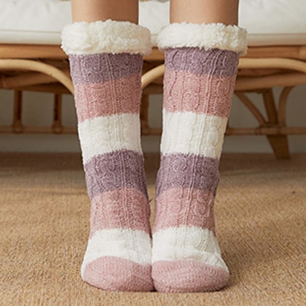 naiset Winter Sleeping Socks Tohvelit Liukumaton Fleece-sukka Pink And Purple