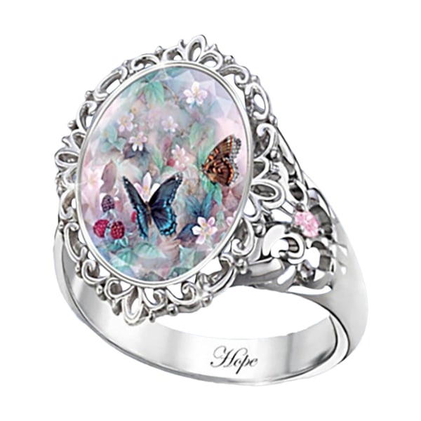 Dam Smycken Tillbehör Elegant dekoration Oval Cut Emalj Blomma Butterfly Ring För Party US 8