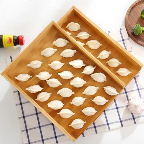 Bambu rektangulär dumplingförvaringsbricka multifunktionsplattställ samlingsarrangemang tallrikar köksförvaring gul M