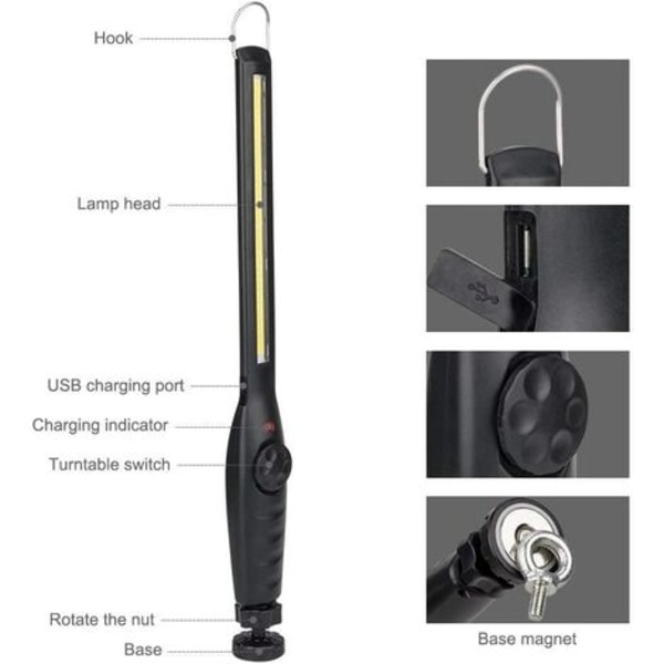USB uppladdningsbar arbetslampa COB inspektionsljus ficklampa med magnetbas och hängkrok för gör-det-själv, hem, arbete, promenad,