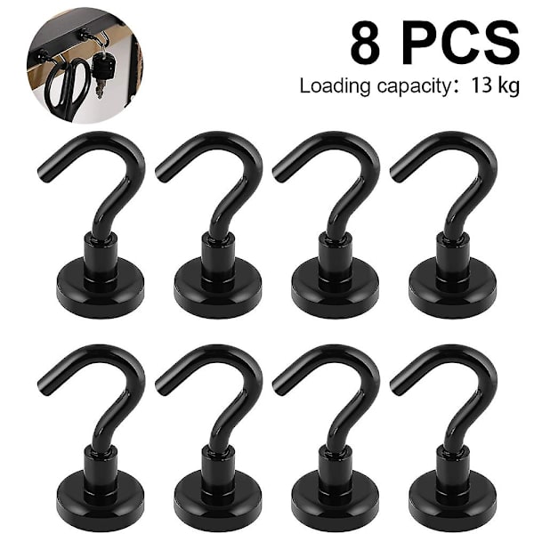 Piao 8kpl magneettikoukut Heavy Duty, vahva magneetti koukulla jääkaappiin, superneodyymi ripustukseen, magneettiripustin työkalulaatikolle, risteily, grilli, takki Black Maximum pulling force 13KG
