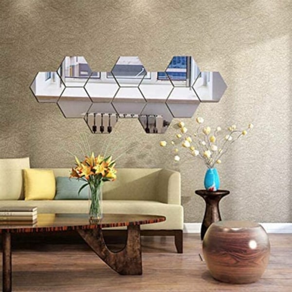 Sekskantede vægklistermærker, 12 stykker store aftagelige akryl spejl vægklistermærker til hjemmet Stue soveværelse indretning, Silv