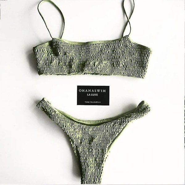 Kvinder Sommer Crinkle Bikini Sæt Plain Badetøj Badedragt Green M