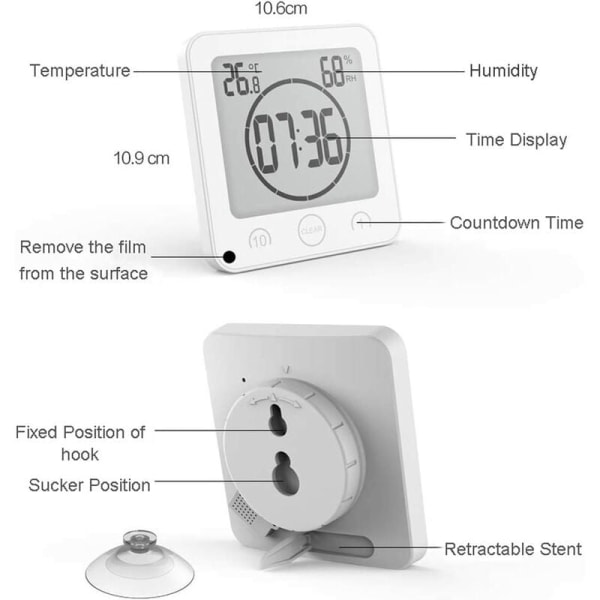 Badeværelse Ur Timer Vandtæt Badeværelse Termometer Hygrometer Badeværelse Makeup Køkken (Hvid)